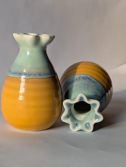 Yellow & Blue Two-Tone Ceramic Mini Bud Vase | Add Warmth and Joy to Small, Dark Nooks