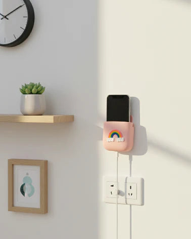Pink Rainbow Plastic Wall Mount Phone Holder | Save Space & Secure Charging at the Outlet