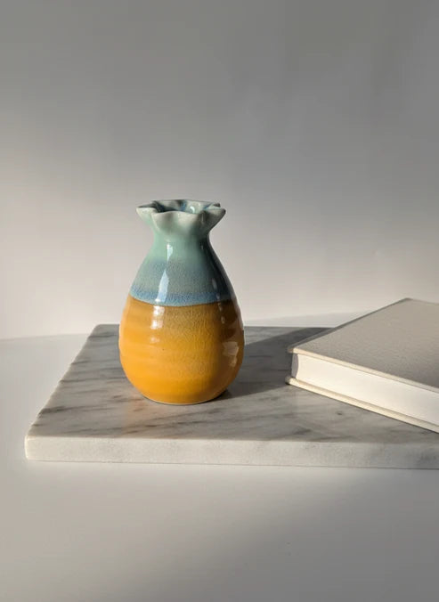 Yellow & Blue Two-Tone Ceramic Mini Bud Vase | Add Warmth and Joy to Small, Dark Nooks
